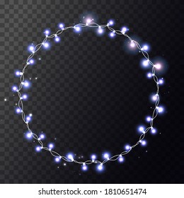 Christmas Bright White And Blue Lights On Wreath. Circle With Realistic Garland On Transparent Background. Decor For Party, Festive Or Birthday. Isolated Vector Template For Banner Or Advertising.