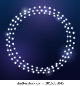 Christmas bright white and blue lights on wreath. Circle with realistic garland on blue background. Decor for party, festive or birthday. Isolated vector template for banner, advertising or event card