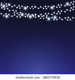 Christmas bright white garland on blue background. Decor for party, festive or birthday celebration. String with realistic lights. Isolated vector template for banner, advertising or event card