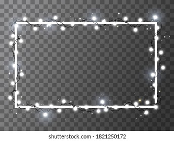 Christmas bright white garland on square frame. Template with realistic lights on transparent background. Decor for party, festive or birthday. Isolated vector template for banner, advertising.