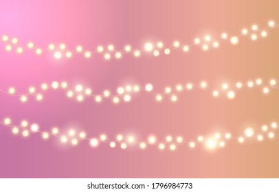 Christmas bright yellow garland on color background. Decor for party, festive or birthday celebration. String with realistic lights. Isolated vector template for banner, advertising or event card