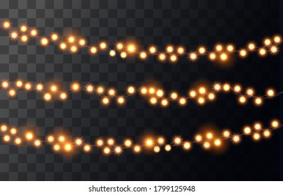 Christmas bright yellow garland on transparent background. Decor for party, festive or birthday celebration. String with realistic lights. Isolated vector template for banner, advertising, event card