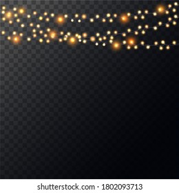 Christmas bright yellow garland on transparent background. Decor for party, festive or birthday celebration. String with realistic lights. Isolated vector template for banner, advertising, event card