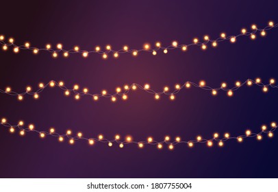 Christmas bright yellow garland on purple background. Decor for party, festive or birthday celebration. String with realistic lights. Isolated vector template for banner, advertising or event card