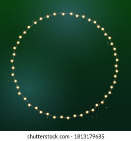 Christmas bright yellow garland on wreath. Circle with realistic lights on green background. Decor for party, festive or birthday. Isolated vector template for banner, advertising or event card