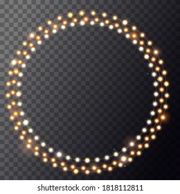 Christmas bright yellow garland on wreath. Circle with realistic lights on transparent background. Decor for party, festive or birthday. Isolated vector template for banner, advertising or event card