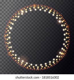 Christmas bright yellow garland on wreath. Circle with realistic lights on transparent background. Decor for party, festive or birthday. Isolated vector template for banner, advertising or event card