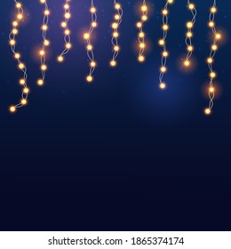 Christmas bright yellow garland on blue background. Decor for party, festive or birthday celebration. String with realistic lights. Isolated vector template for banner, advertising or event card