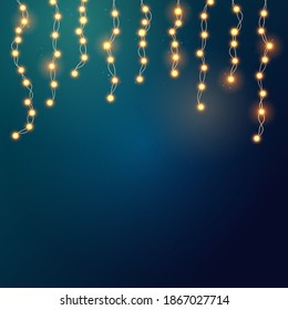 Christmas bright yellow garland on blue background. Decor for party, festive or birthday celebration. String with realistic lights. Isolated vector template for banner, advertising or event card