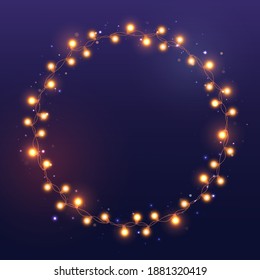 Christmas bright yellow garland on wreath. Circle with realistic golden lights on blue background. Decor for party, festive or birthday. Isolated vector template for banner, advertising or event card