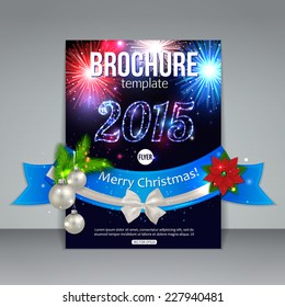Christmas brochure template. Abstract flyer design with xmas fireworks,  fir tree, white bow, ribbon, poinsettia, silver balls, blurred bokeh lights and place for text. Vector illustration.