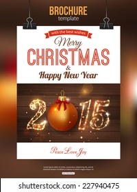 Christmas brochure template. Abstract typographical flyer design with xmas golden ball, blurred bokeh lights and place for text. Vector illustration.