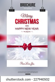 Christmas brochure template. Abstract typographical flyer design with red bow, blurred bokeh lights and place for text. Vector illustration.
