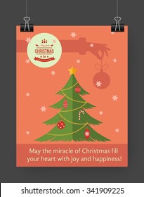 Christmas brochure template. Flat flyer design Xmas fir tree, Christmas logo. Vector illustration.