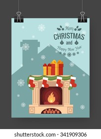 Christmas brochure template. Flat flyer design Xmas fireplace,presents, Christmas logo. Vector illustration.