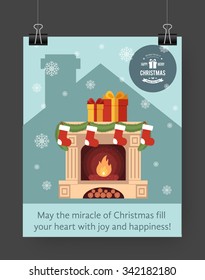 Christmas brochure template. Flat flyer design Xmas fireplace,presents, Christmas logo. Vector illustration.