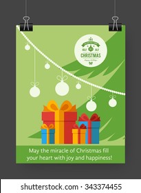 Christmas brochure template. Flat flyer design Xmas fir tree, presents, Christmas logo. Vector illustration.