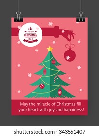 Christmas brochure template. Flat flyer design Xmas fir tree, Christmas logo. Vector illustration.