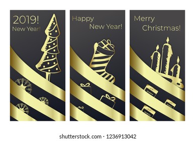 Christmas brochure template with shining of gold elements. Made of ribbon, snowflakes, gift box, candles, christmas tree.