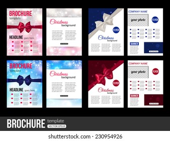 Christmas brochure templates. Abstract flyer design with xmas bows, blurred bokeh lights and place for text. Back and front sides. Vector illustration.