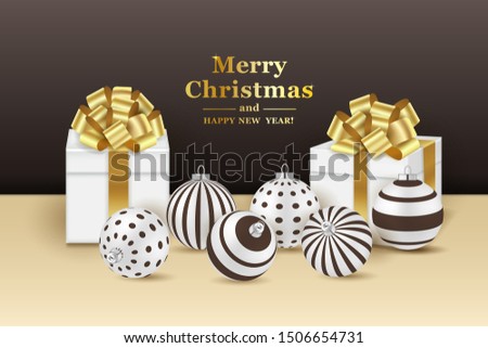 Christmas broun background with realistic  balls with geometric pattern. Decorative elements for holiday new year design. Vector illustration.
