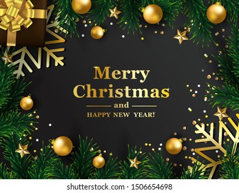 Christmas brown background with realistic gift boxes and balls. Vector top view illustration. 