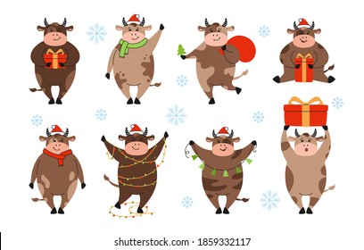 Christmas brown bull set, new year symbol. Hand drawn cartoon cow, buffalo or calf. Collection farm animal witn gift, garland. Happy New year, merry Christmas. Animal character holidays vector