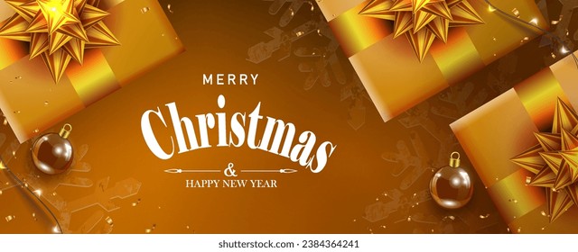 Christmas brown composition, gift boxes with golden bow.