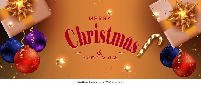 Christmas brown illustration, gift boxes with golden bow and colorful balls.