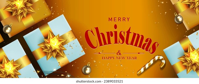 Ilustración marrón de Navidad, marco dorado rectangular, cajas de regalo con arco.