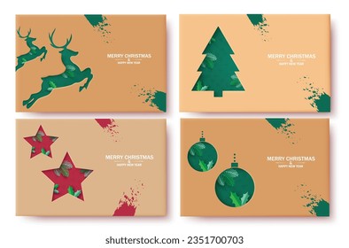 Diseño de conjunto de banners vectoriales de etiquetas marrones de Navidad. Feliz navidad texto de saludo en color marrón con decoración de elementos de estilo de corte de papel. Recogida de tarjetas de felicitación de ilustraciones vectoriales.
