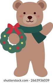 
Christmas brown Teddy Bear Flat Vector Illustration.
Festive teddy bear holding a Christmas wreath.
Cute Holiday Bear Clipart.
Transparent background.