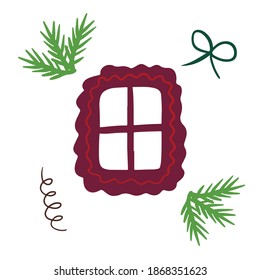 Christmas brown window with  spruce branch, twig isolated on white background. Bow,
serpentine decoration. Green spruce branch. Hand drawn element of gingerbread house. Happy new year celebration. 