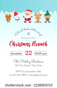 Christmas Brunch invitation template. Winter holiday illustration with a gingerbread man, a snowman, a Santa Claus, a little deer and an elf on a background of a winter landscape. Vector 10 EPS.