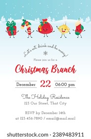 Christmas Brunch invitation template. Winter holiday illustration with a gift box, a candy cane, a Santa Claus bag, a decoration ans a sock on a background of a winter landscape. Vector 10 EPS.
