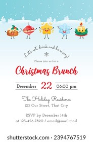 Christmas Brunch invitation template. Winter holiday illustration with a cute smiling pudding, a Christmas ball, a star, a snowflake ans a candle on a background of a winter landscape. Vector 10 EPS.