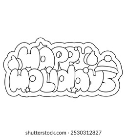 Christmas bubble Lettering of the phrase Happy Holidays in black and white