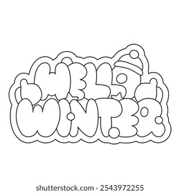 Christmas bubble Lettering of the phrase Hello Winter in black and white