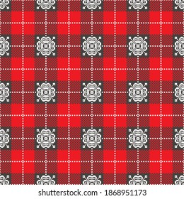 Christmas Buffalo plaid seamless pattern. Snowflakes background in red and black