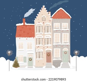 Christmas building facade with decorations, wreath, lights and Christmas tree. Cute snowy city landscape with houses exterior. Holiday decor, garlands, outside view. Vector illustration 