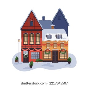 Christmas building facade with Xmas decoration, wreath and lights. House exterior with holiday decor, snow, garlands, outside view. Flat graphic vector illustration isolated on white background