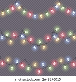 Christmas bulb garland. Happy new year glowing lights in isolated vector style. Realistic fire effect and colorful ribbon with shine. Decorative element for winter party design and festive decor.

