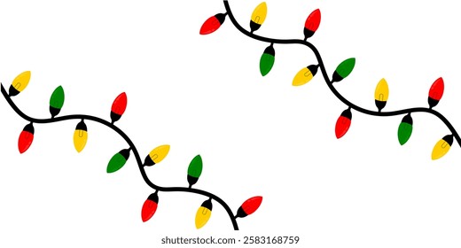 Christmas bulb isolated on white backgound. Hanging ornament multi colour christmas lights string decoration. Xmas bulb. Vector graphic lamp for digital or print purpose