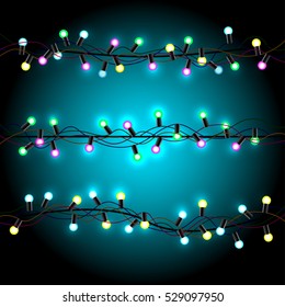 Christmas bulb lights on dark blue background. Multicolor lamps and wire silhouette. Celebration Holiday garland
