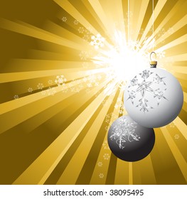 Christmas bulbs with snowflakes on golden background