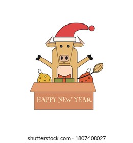 Christmas bull with box of new year balls, symbol of 2021 chinese zodiac, vector illustration in flat style