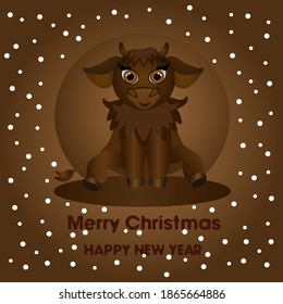Christmas bull in red scarf sitting, vector illustration, 3D bull, baby bull, Christmas card with text happy Christmas and new year, Abstract background, wild bull with text happy Christmas and new ye