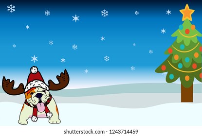 Christmas Bulldog.Dog christmas have tree snow background.