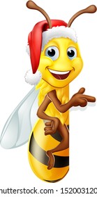 A Christmas bumble bee cartoon character in a Santa Claus hat peeking around a sign and pointing
