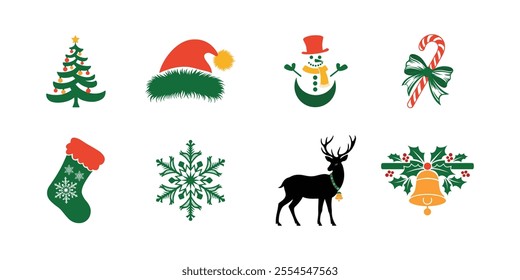 Christmas Bundle Collection with Tree, Santa, Snowman, Bell, Deer, Stocking, Snowflake, Box, Candle and Angel, Christmas set vector,  Christmas set silhouette,  Christmas set icons. 
